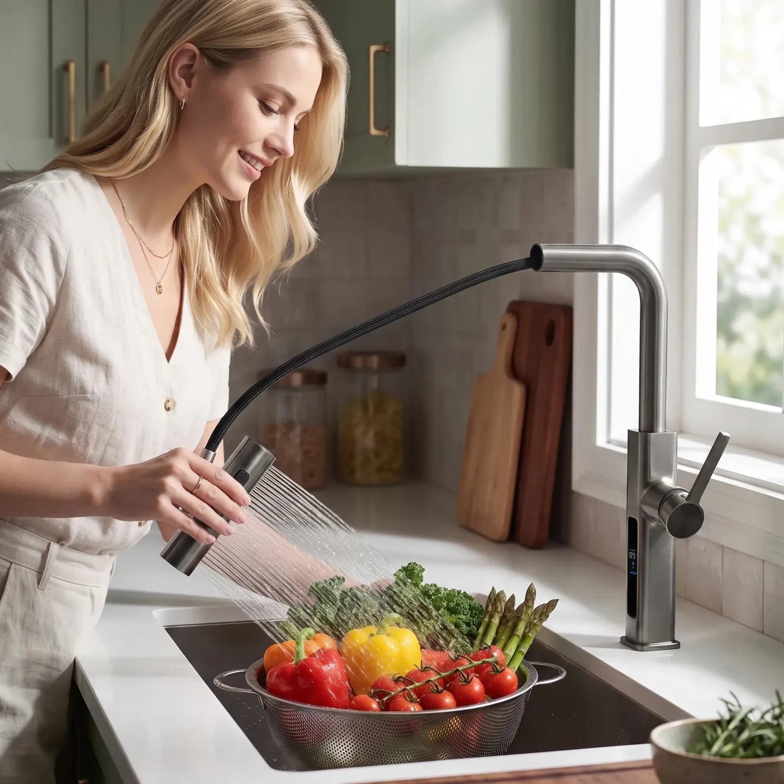 Lefton Waterfall & Pull-Out Kitchen Faucet with Temperature Display-KF2209 -Kitchen Faucets- Lefton Home