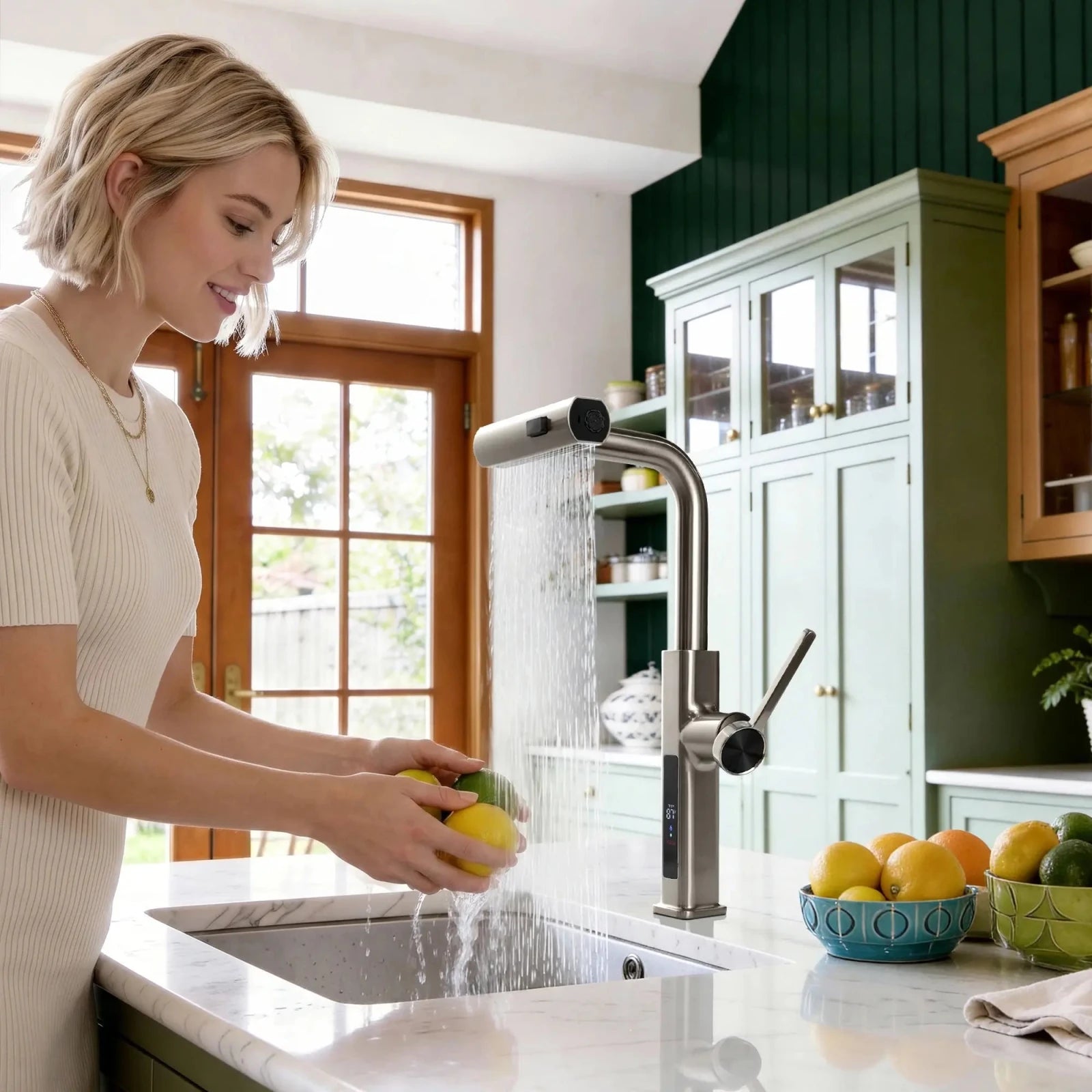 Lefton Waterfall & Pull - Out Kitchen Faucet with Temperature Display - KF2209 - Kitchen Faucets - Lefton Home