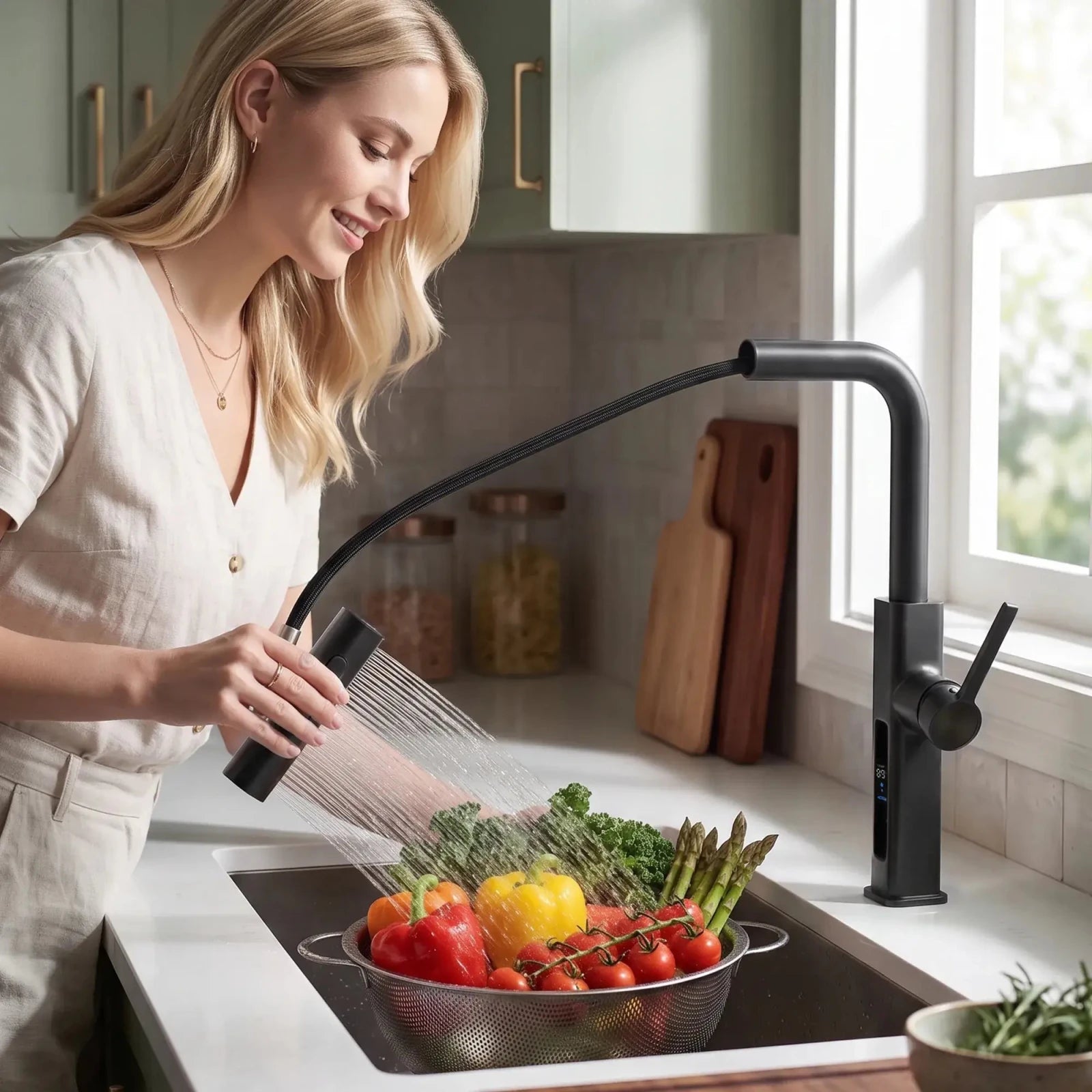 Lefton Waterfall & Pull-Out Kitchen Faucet with Temperature Display-KF2209 -Kitchen Faucets- Lefton Home