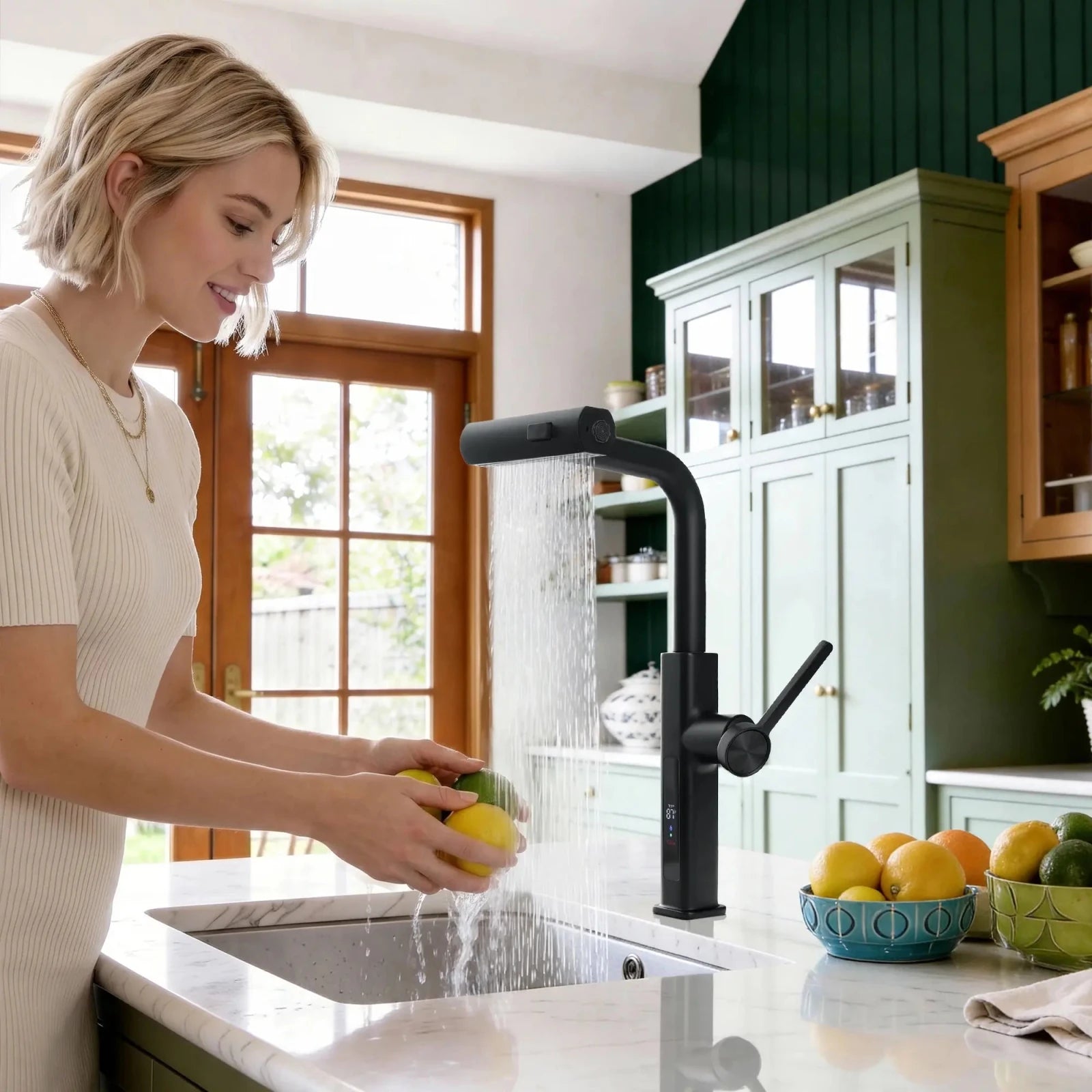 Lefton Waterfall & Pull - Out Kitchen Faucet with Temperature Display - KF2209 - Kitchen Faucets - Lefton Home