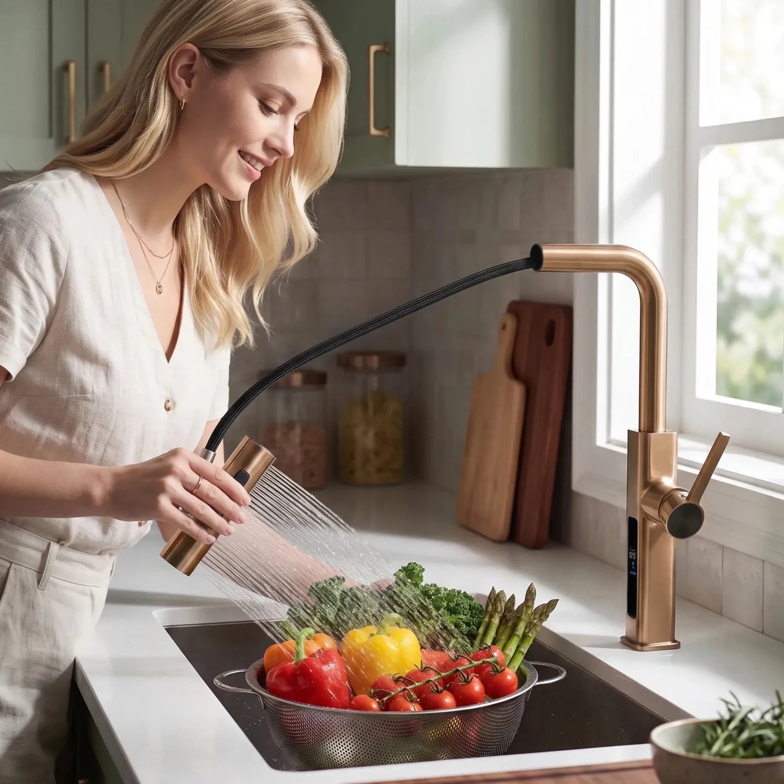 Lefton Waterfall & Pull-Out Kitchen Faucet with Temperature Display-KF2209 -Kitchen Faucets- Lefton Home