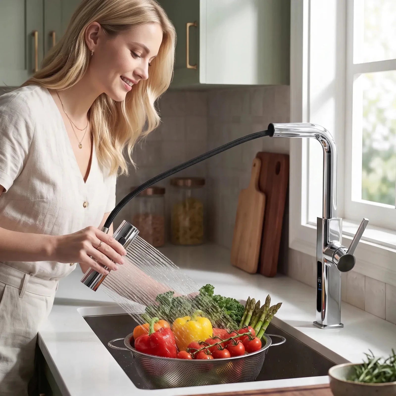 Lefton Waterfall & Pull-Out Kitchen Faucet with Temperature Display-KF2209 -Kitchen Faucets- Lefton Home