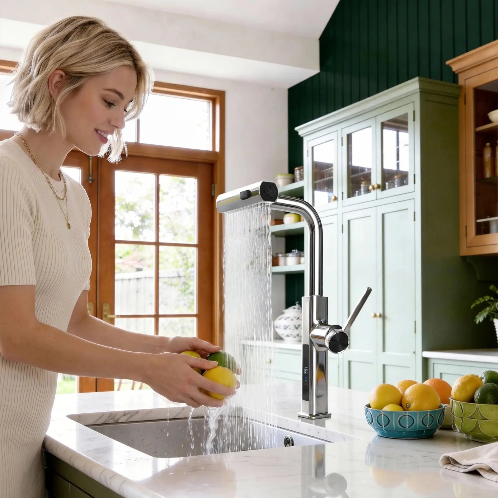 Lefton Waterfall & Pull - Out Kitchen Faucet with Temperature Display - KF2209 - Kitchen Faucets - Lefton Home