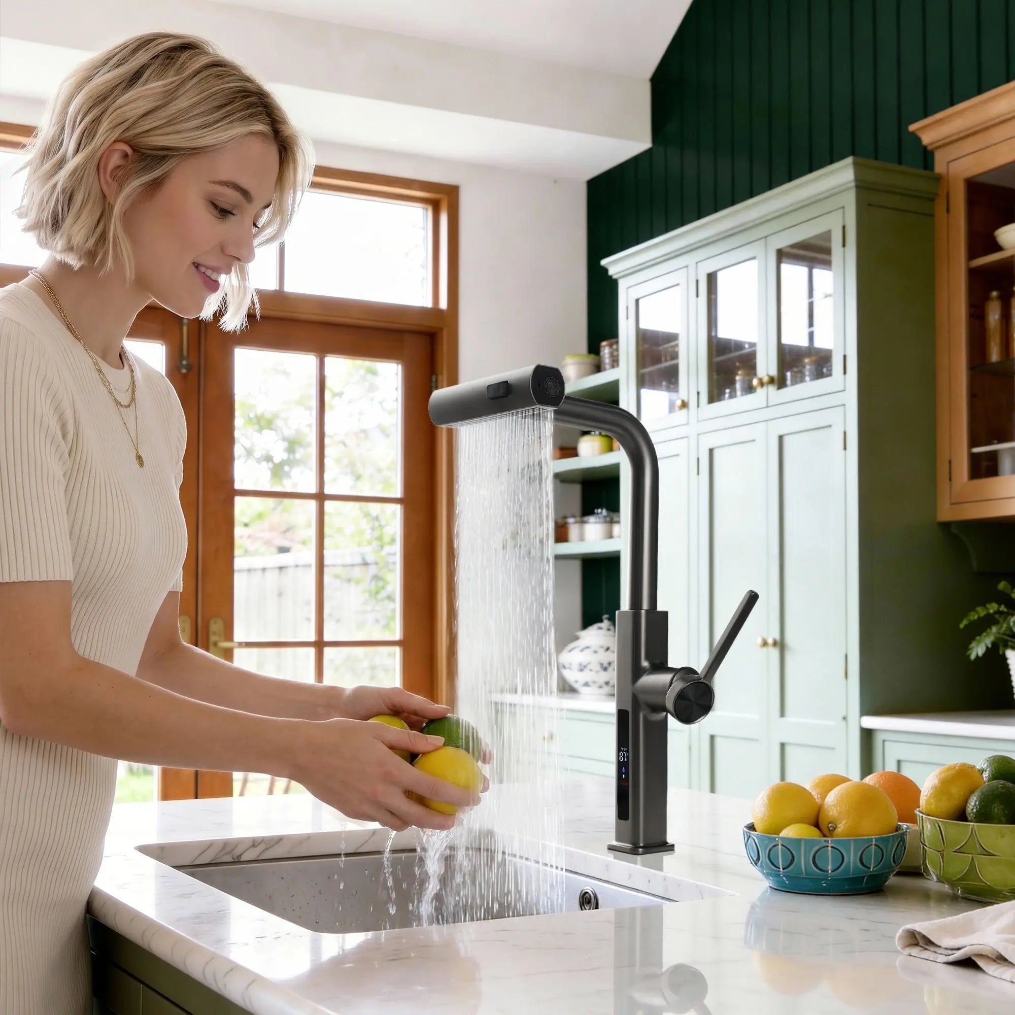 Lefton Waterfall & Pull - Out Kitchen Faucet with Temperature Display - KF2209 - Kitchen Faucets - Lefton Home