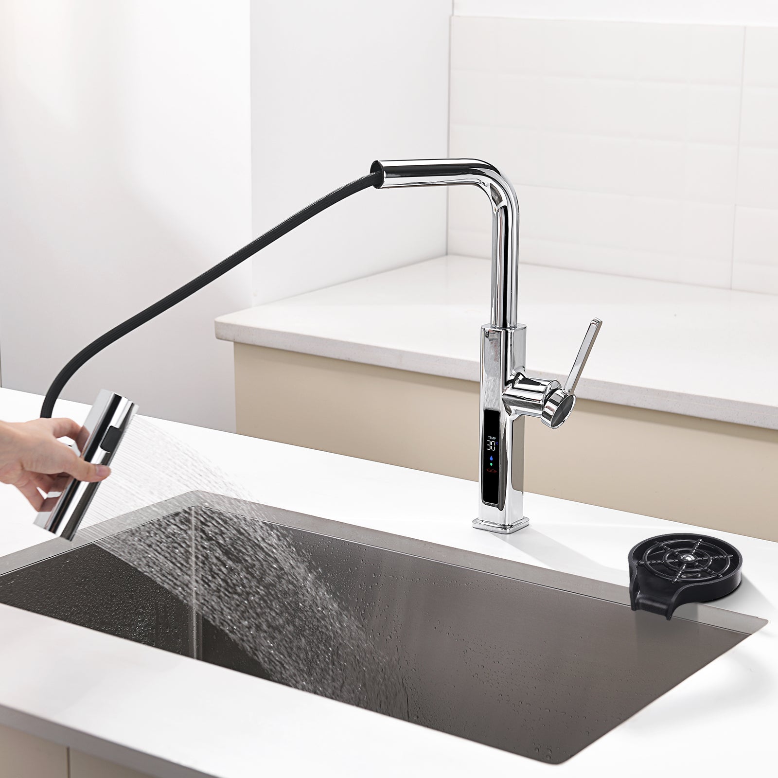 Lefton Waterfall & Pull - Out Kitchen Faucet with Temperature Display - KF2209 with Countertop Glass Rinser - KFR2201 - Kitchen Faucets - Lefton Home