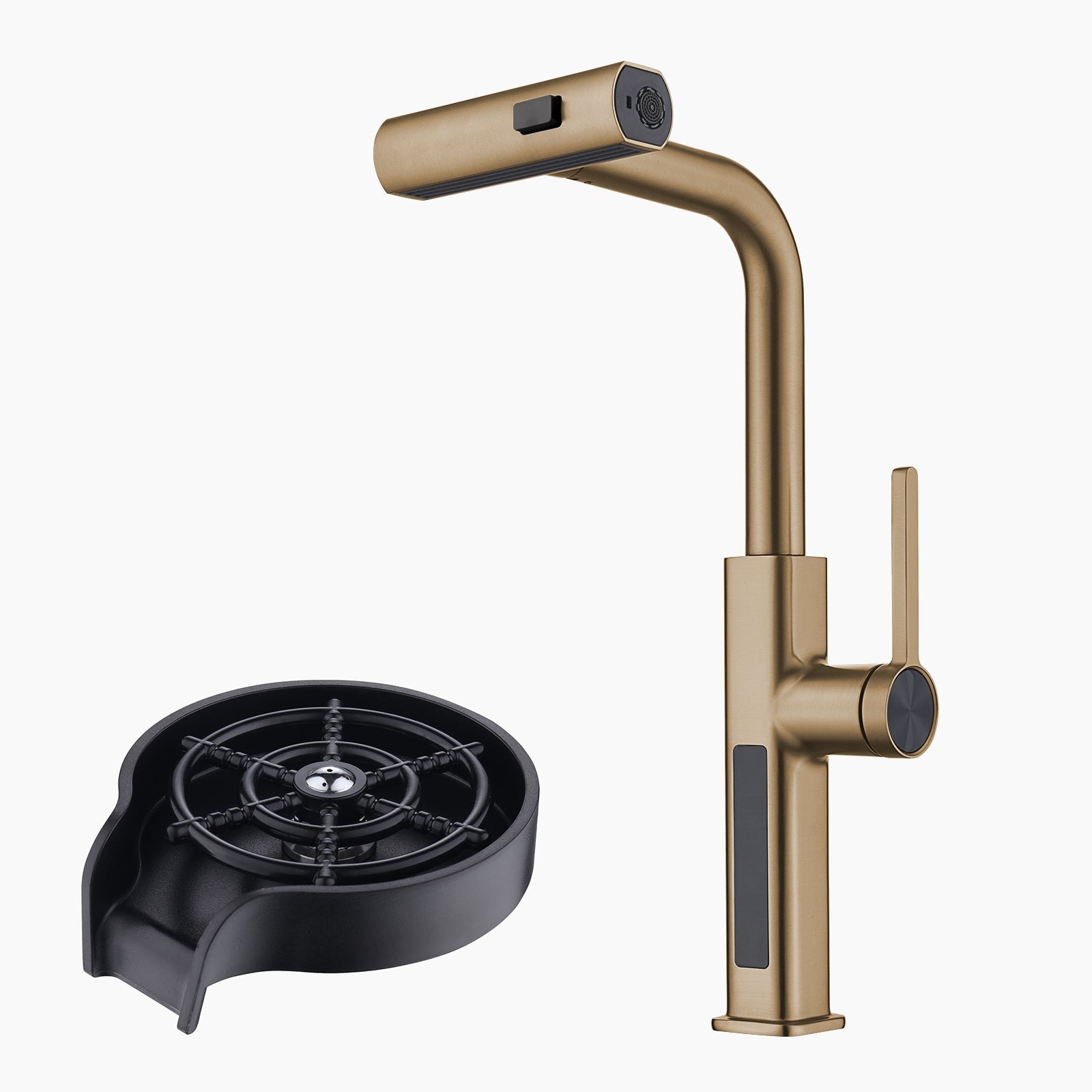 Lefton Waterfall & Pull - Out Kitchen Faucet with Temperature Display - KF2209 with Countertop Glass Rinser - KFR2201 - Kitchen Faucets - Lefton Home