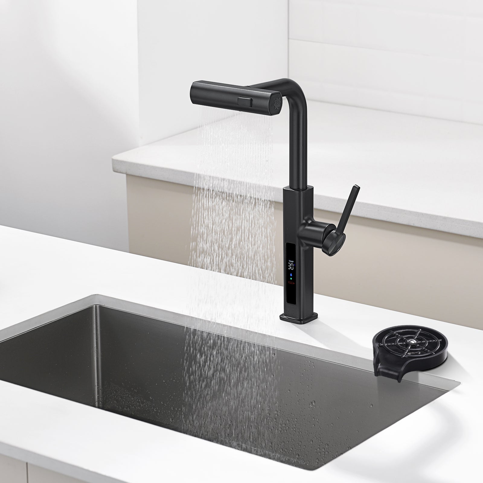 Lefton Waterfall & Pull - Out Kitchen Faucet with Temperature Display - KF2209 with Countertop Glass Rinser - KFR2201 - Kitchen Faucets - Lefton Home