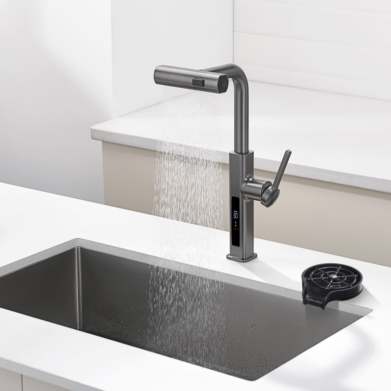 Lefton Waterfall & Pull - Out Kitchen Faucet with Temperature Display - KF2209 with Countertop Glass Rinser - KFR2201 - Kitchen Faucets - Lefton Home