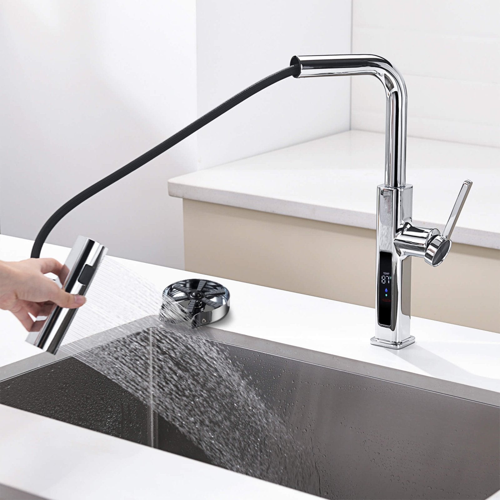 Lefton Waterfall & Pull - Out Kitchen Faucet with Temperature Display - KF2209 with Countertop Glass Rinser - KFR2202 - Kitchen Faucets & Glass Rinser - Lefton Home