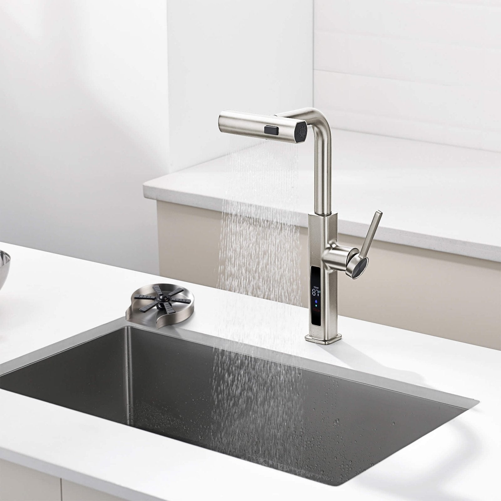 Lefton Waterfall & Pull - Out Kitchen Faucet with Temperature Display - KF2209 with Countertop Glass Rinser - KFR2202 - Kitchen Faucets & Glass Rinser - Lefton Home