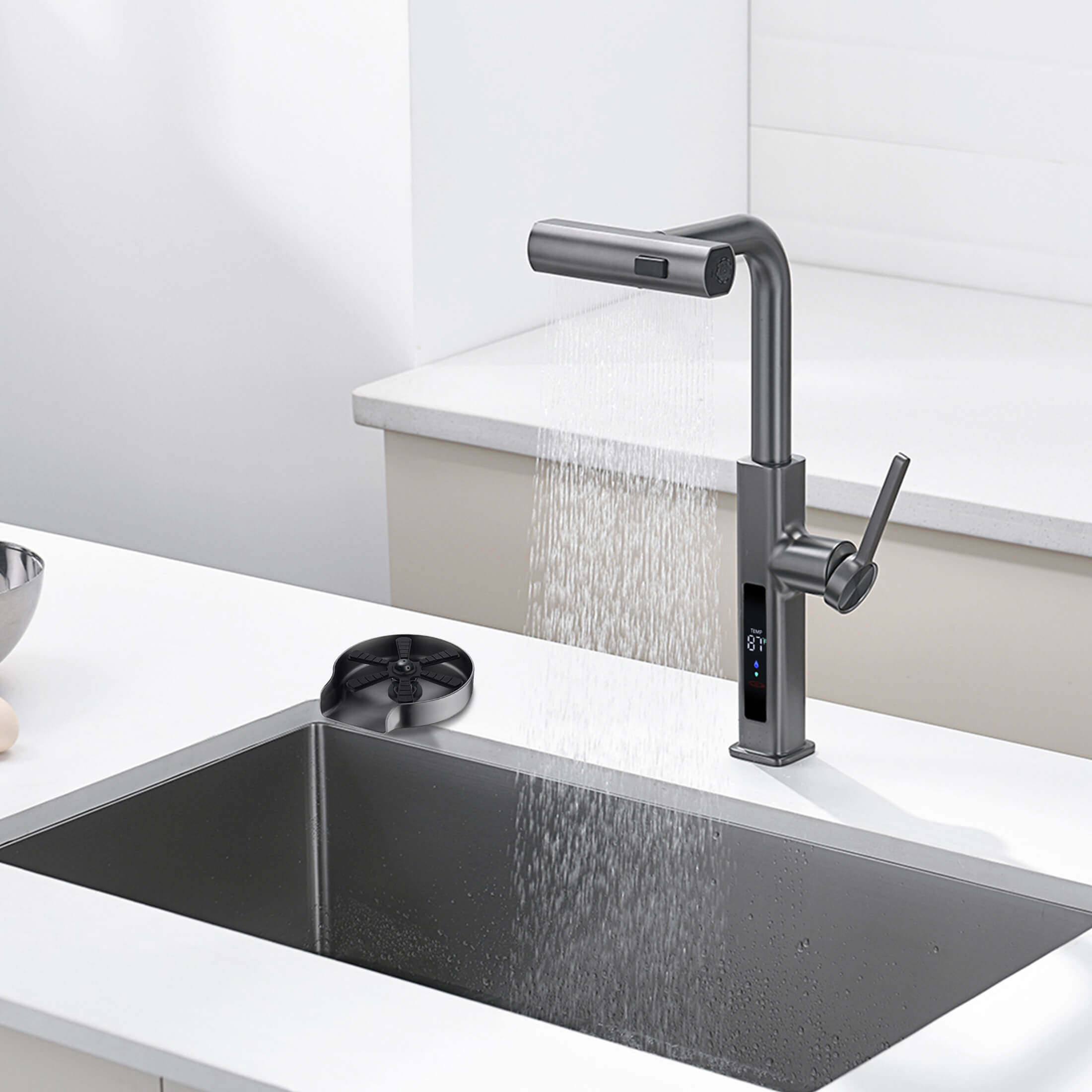 Lefton Waterfall & Pull - Out Kitchen Faucet with Temperature Display - KF2209 with Countertop Glass Rinser - KFR2202 - Kitchen Faucets & Glass Rinser - Lefton Home