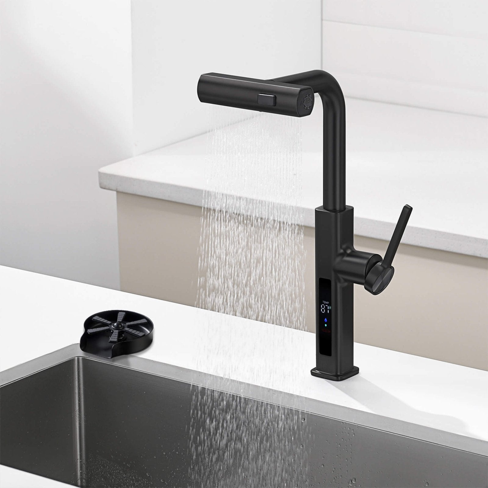 Lefton Waterfall & Pull - Out Kitchen Faucet with Temperature Display - KF2209 with Countertop Glass Rinser - KFR2202 - Kitchen Faucets & Glass Rinser - Lefton Home