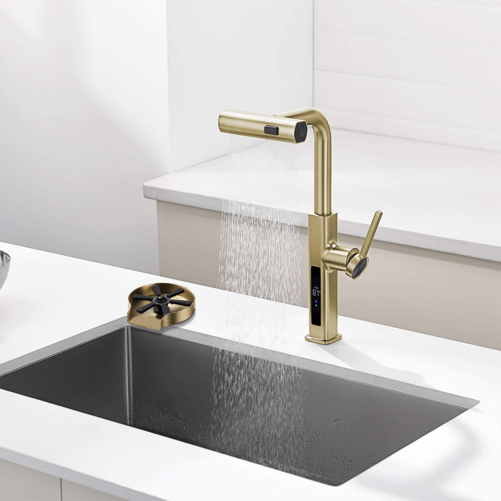 Lefton Waterfall & Pull - Out Kitchen Faucet with Temperature Display - KF2209 with Countertop Glass Rinser - KFR2202 - Kitchen Faucets & Glass Rinser - Lefton Home