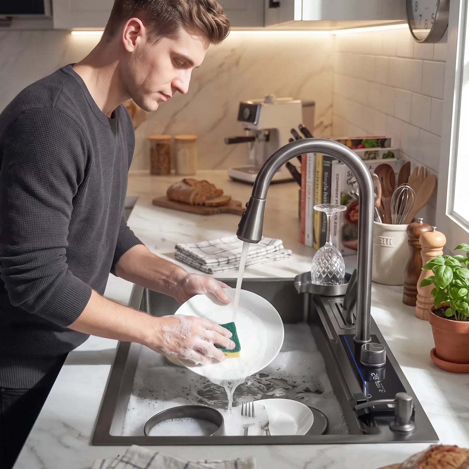 Lefton Waterfall Workstation Kitchen Sink Set Digital Temperature Display-KS2205 -Kitchen Sinks- Lefton Home