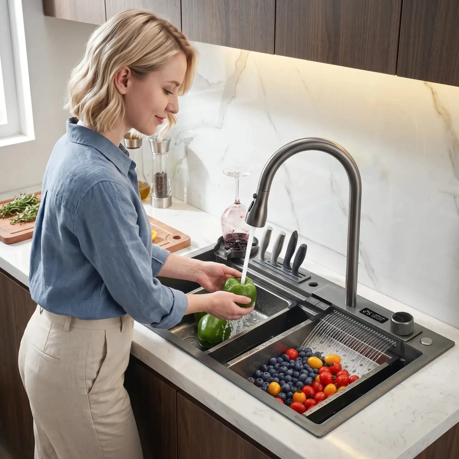 Lefton Waterfall Workstation Kitchen Sink With Digital Display & Knife Holder-KS2204 -Kitchen Sinks- Lefton Home