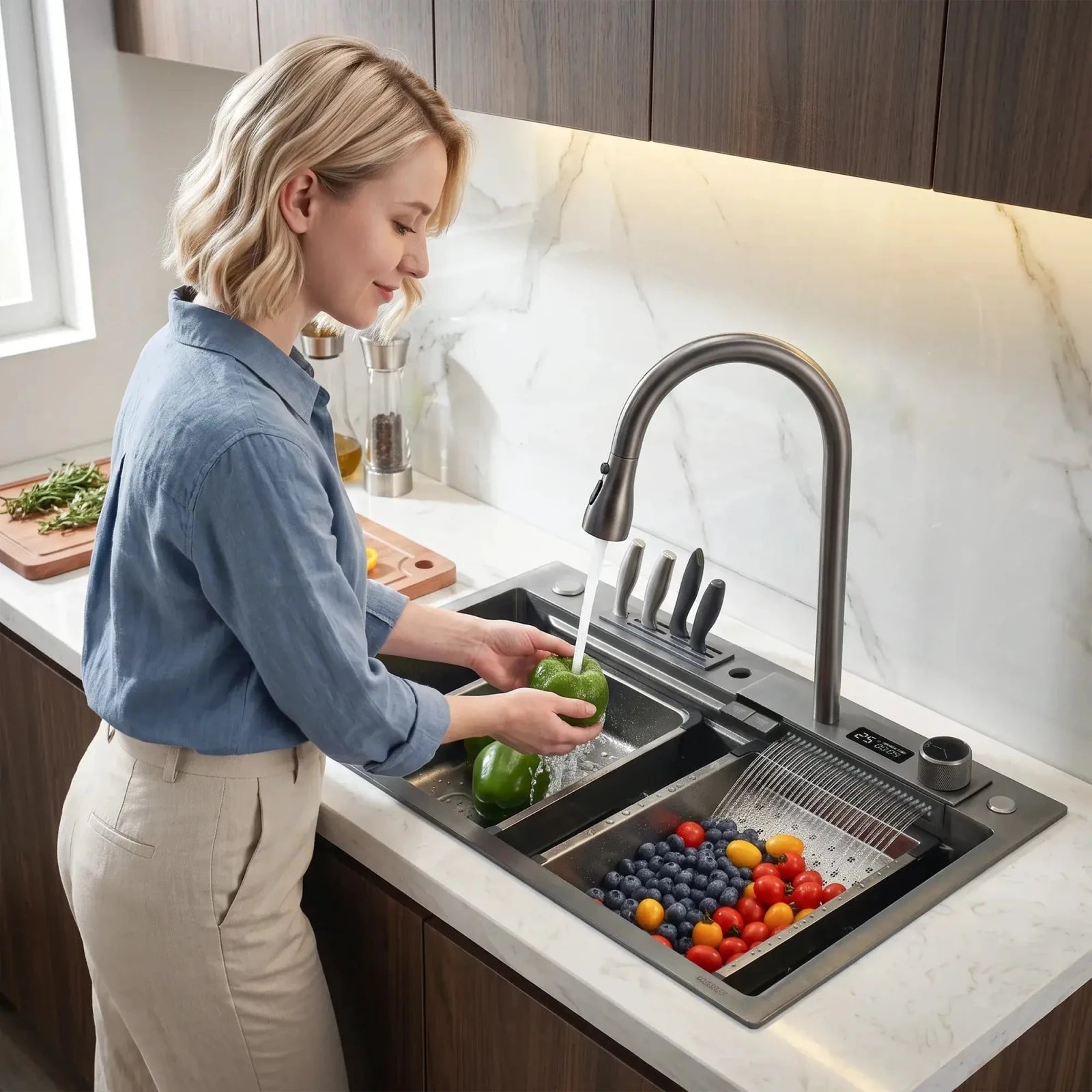 Lefton Waterfall Workstation Kitchen Sink With Digital Display & Knife Holder-KS2204 -Kitchen Sinks- Lefton Home