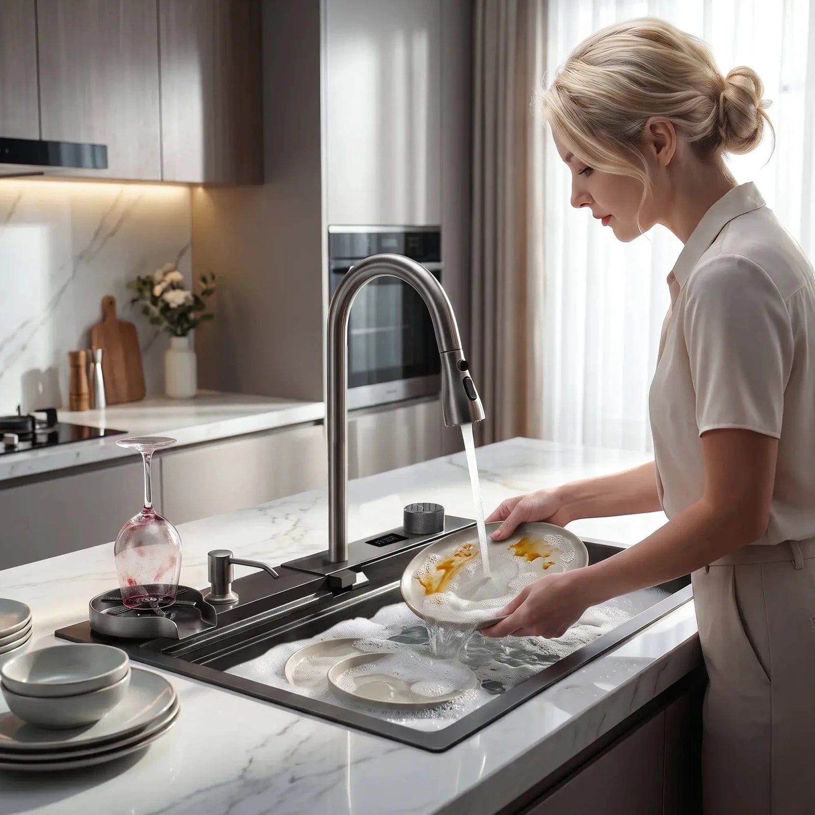 Lefton Waterfall Workstation Kitchen Sink With Digital Temperature Display-KS2204 -Kitchen Sinks- Lefton Home