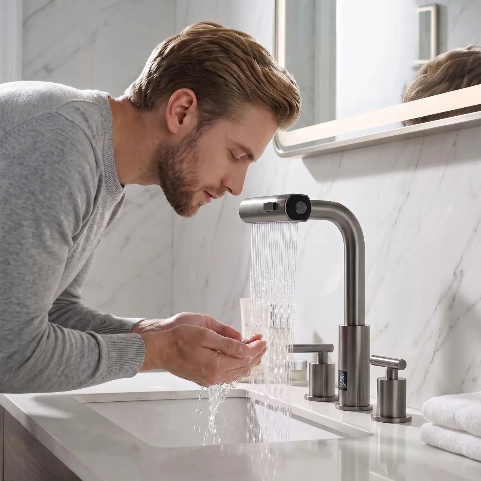 Lefton Widespread Waterfall & Pull-Out Bathroom Faucet with Temperature Display-BFWS2401 -Bathroom Faucets- Lefton Home