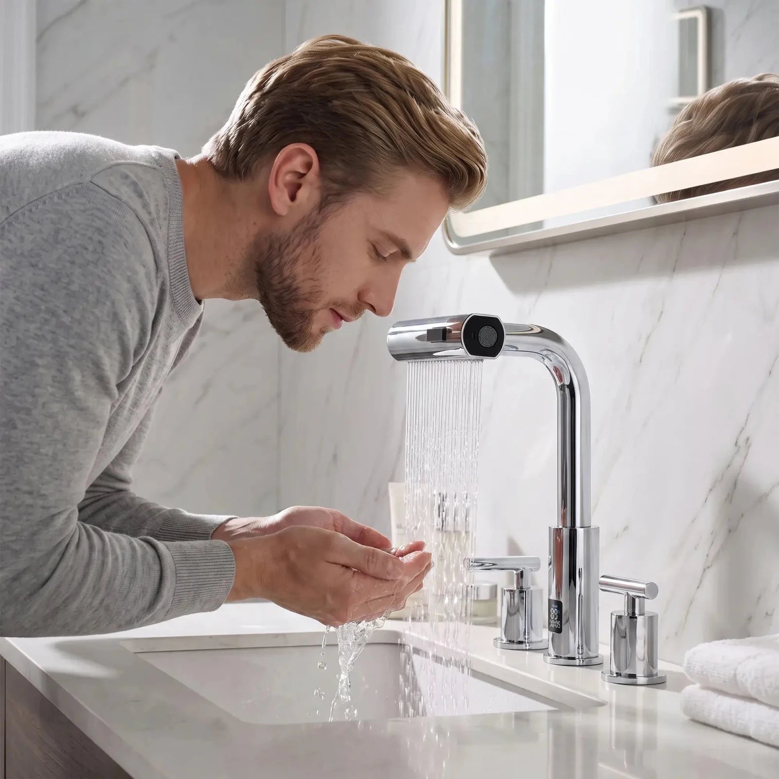 Lefton Widespread Waterfall & Pull-Out Bathroom Faucet with Temperature Display-BFWS2401 -Bathroom Faucets- Lefton Home
