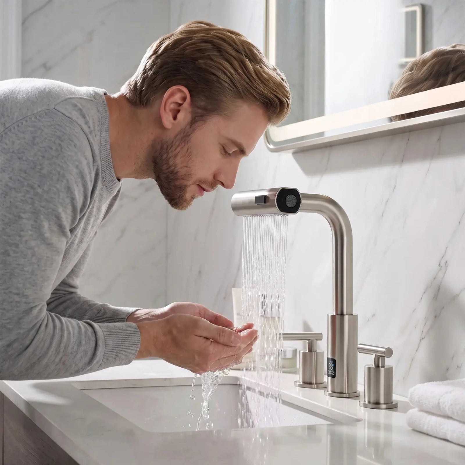 Lefton Widespread Waterfall & Pull-Out Bathroom Faucet with Temperature Display-BFWS2401 -Bathroom Faucets- Lefton Home