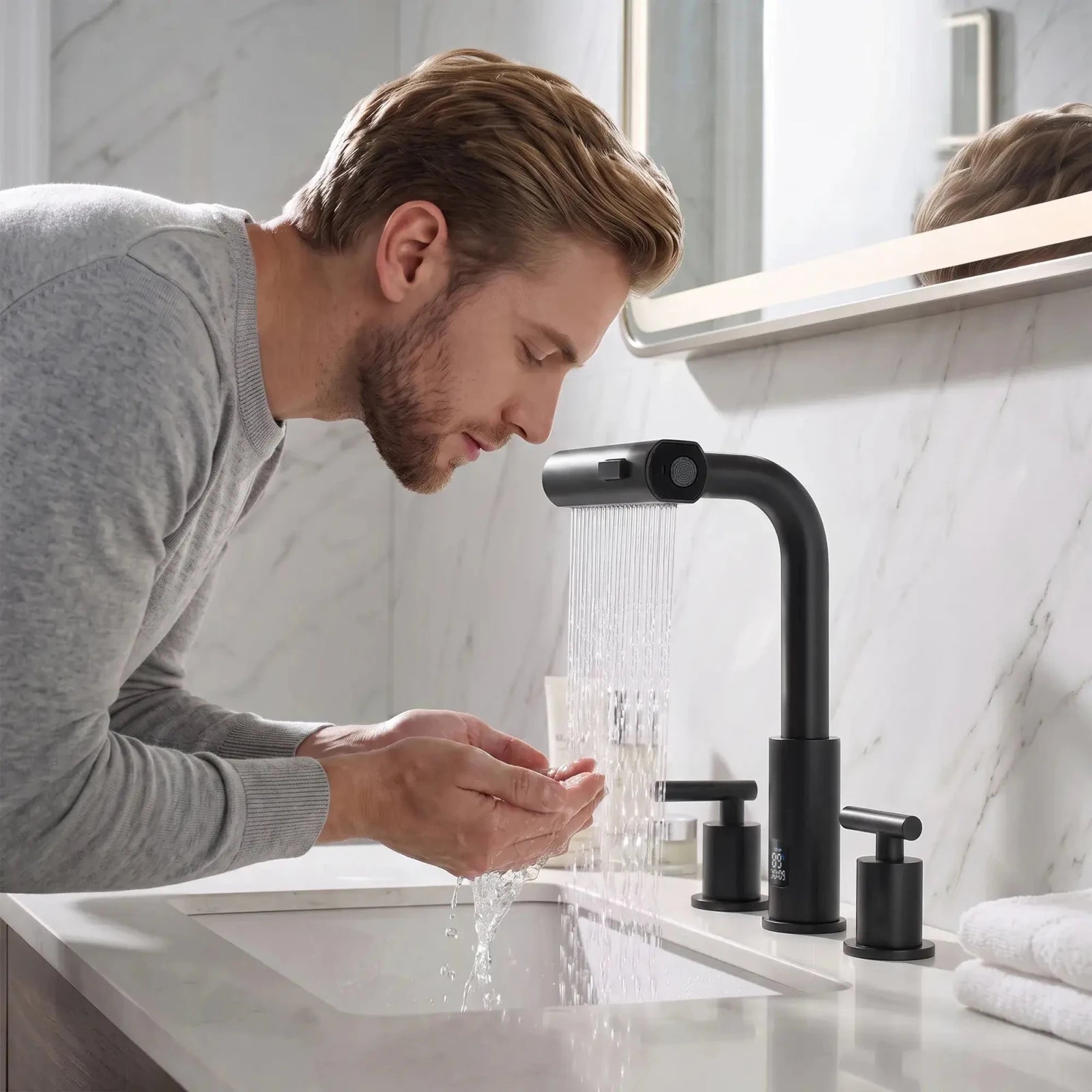 Lefton Widespread Waterfall & Pull-Out Bathroom Faucet with Temperature Display-BFWS2401 -Bathroom Faucets- Lefton Home
