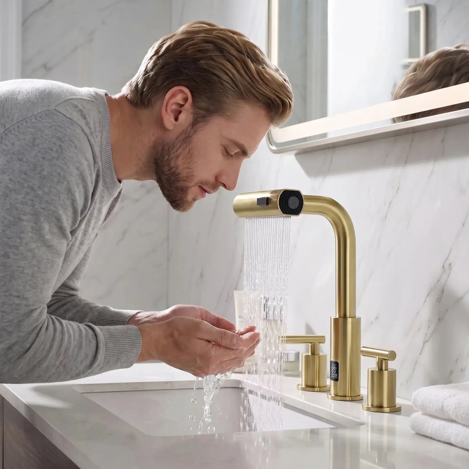 Lefton Widespread Waterfall & Pull-Out Bathroom Faucet with Temperature Display-BFWS2401 -Bathroom Faucets- Lefton Home