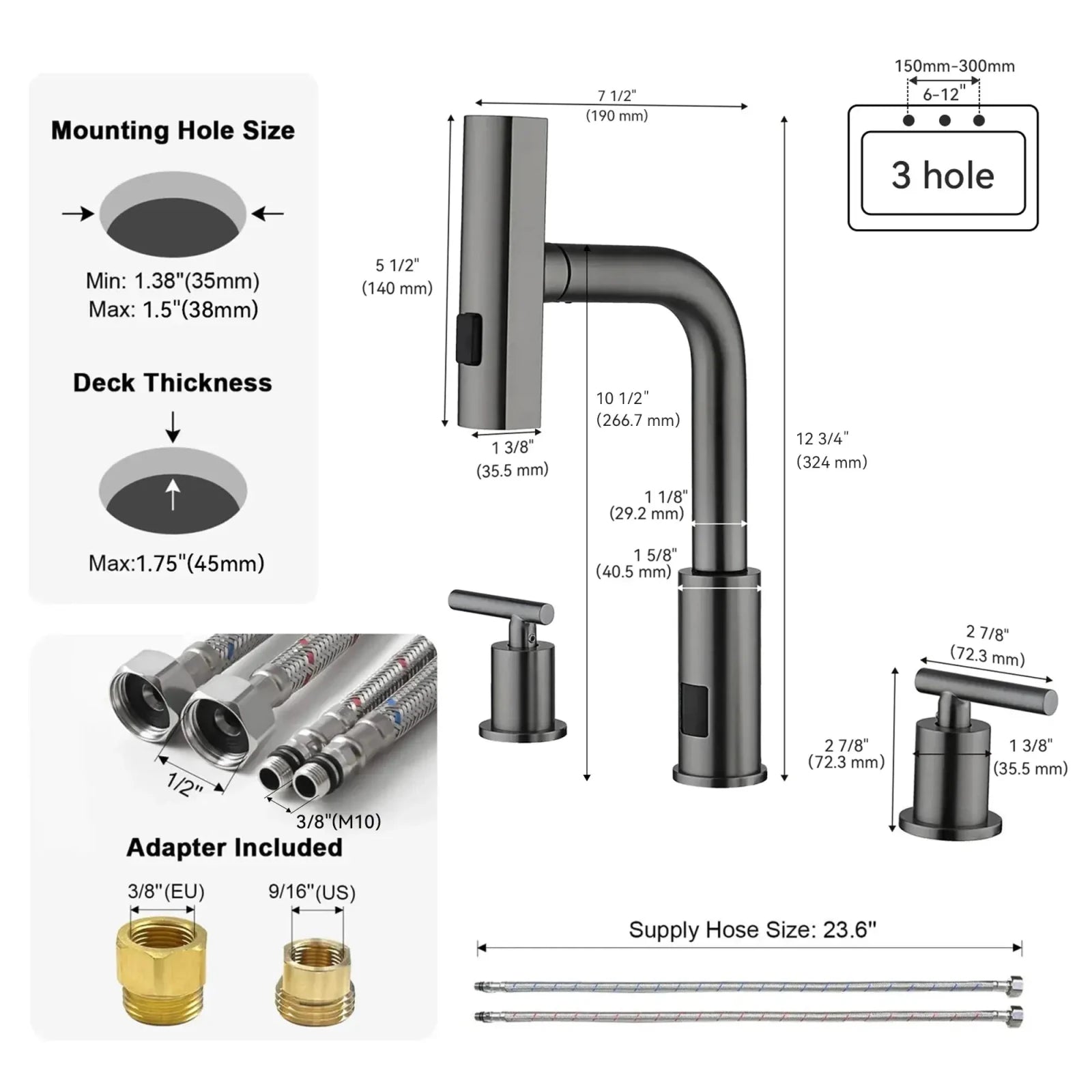 Recertified-Lefton 3-Hole Widespread Waterfall Bathroom Faucet-BFWS2401-US -US Recertified- Lefton Home