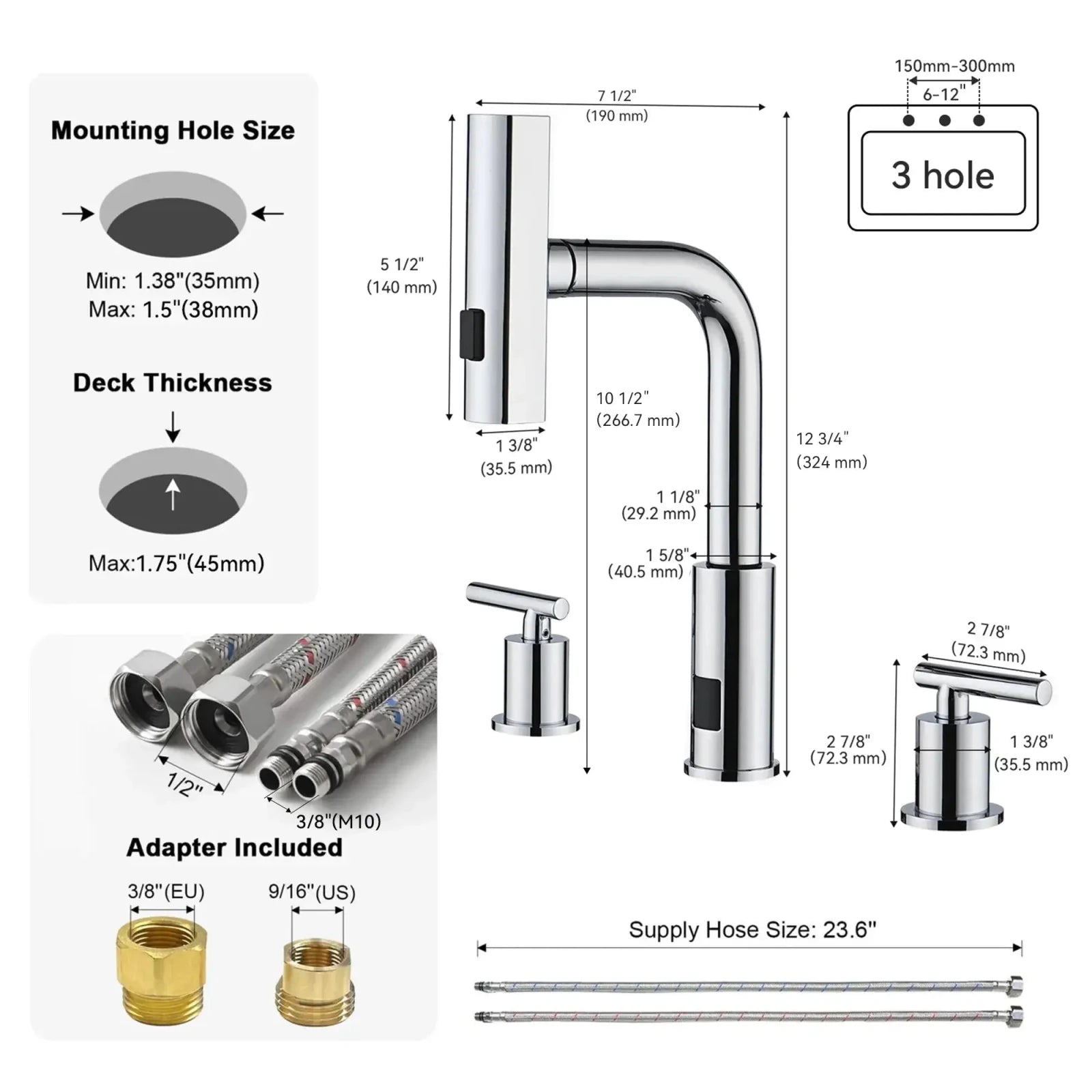 Recertified-Lefton 3-Hole Widespread Waterfall Bathroom Faucet-BFWS2401-US -US Recertified- Lefton Home