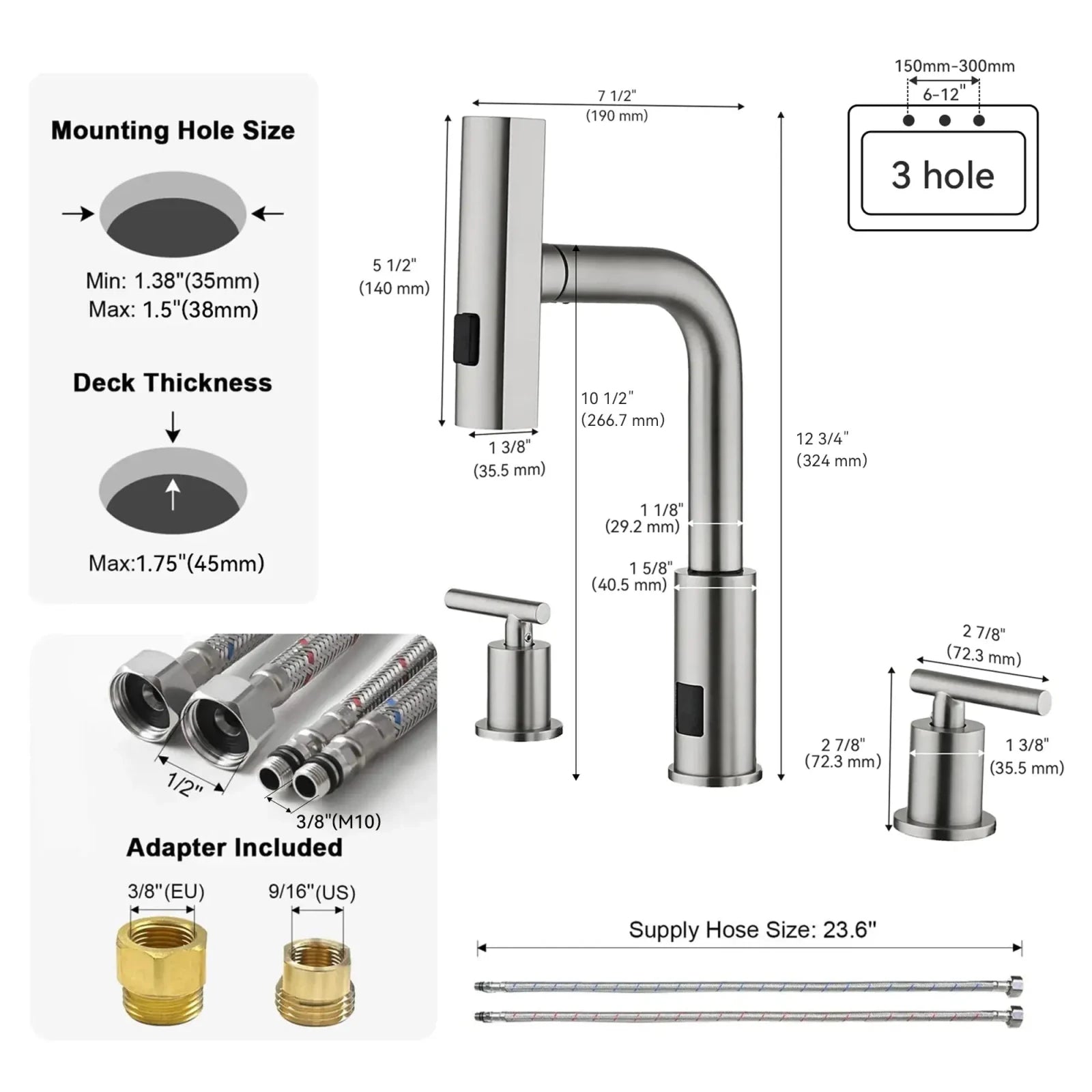 Recertified-Lefton 3-Hole Widespread Waterfall Bathroom Faucet-BFWS2401-US -US Recertified- Lefton Home