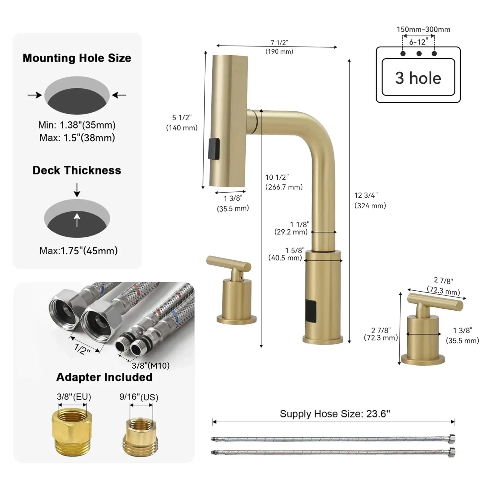 Recertified-Lefton 3-Hole Widespread Waterfall Bathroom Faucet-BFWS2401-US -US Recertified- Lefton Home