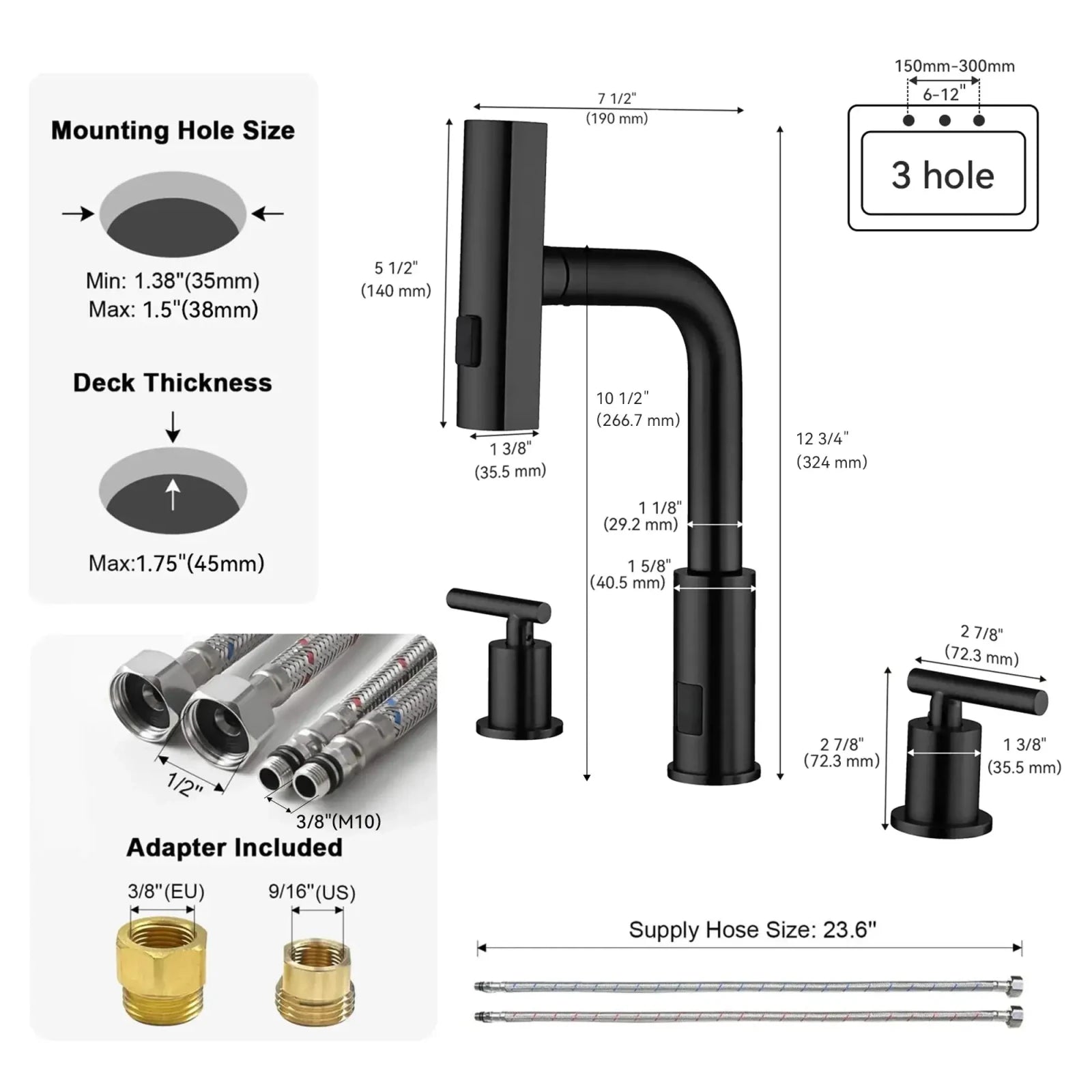 Recertified-Lefton 3-Hole Widespread Waterfall Bathroom Faucet-BFWS2401-US -US Recertified- Lefton Home