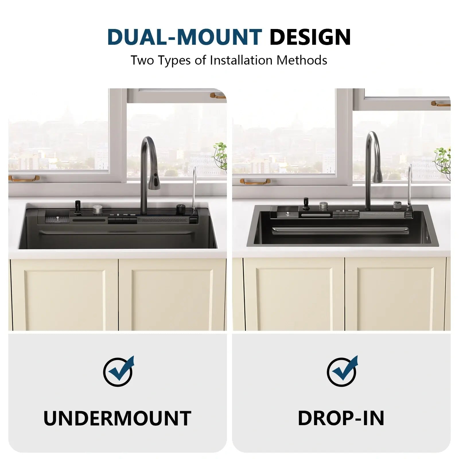 Recertified - Lefton 33"x22" Waterfall Stainless Steel Single Bowl Workstation Kitchen Sink with Digital Temperature Display - KS2206L - PRO - US - Kitchen Sinks - Lefton Home