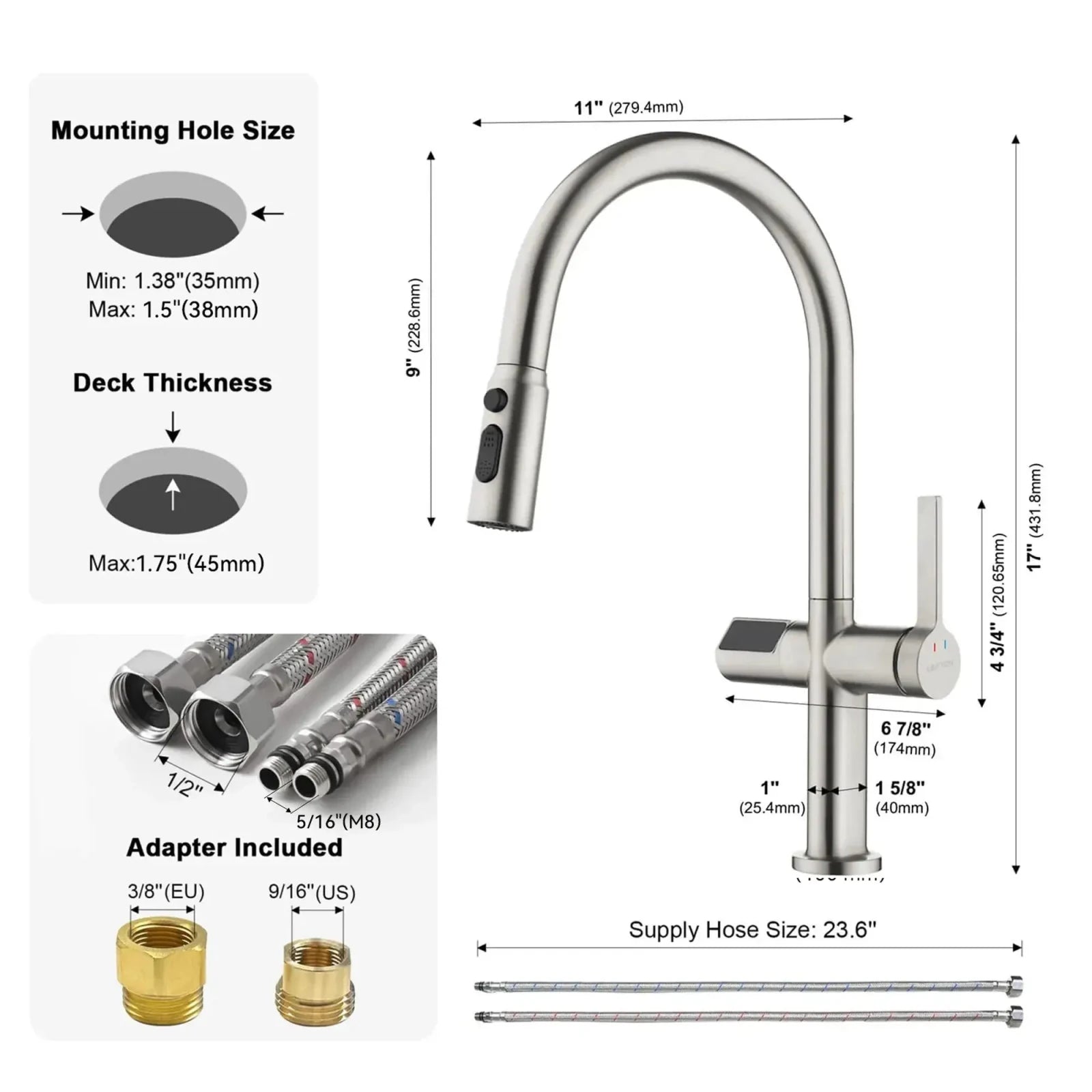 Recertified-Lefton Touchless Sensor & Pull-Down Kitchen Faucet with Temperature Display-KF2206-US -Kitchen Faucets- Lefton Home