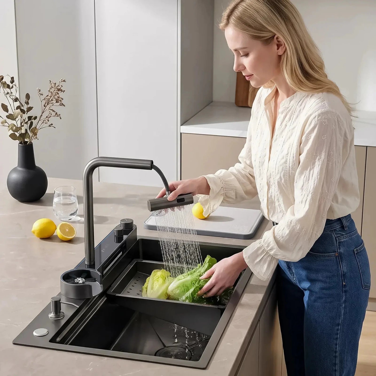Recertified-Lefton Waterfall Faucet Kitchen Sink with Digital Temperature Display (Celsius Only)-KS2208-EU -Kitchen Sinks- Lefton Home