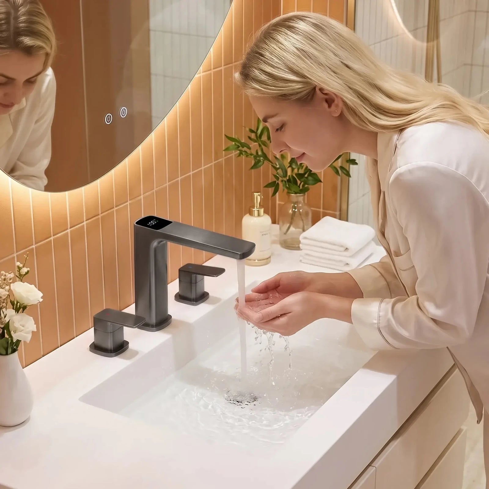 Recertified-Lefton Widespread Bathroom Faucet with Temperature Display-BFWS2402 -Bathroom Faucets- Lefton Home