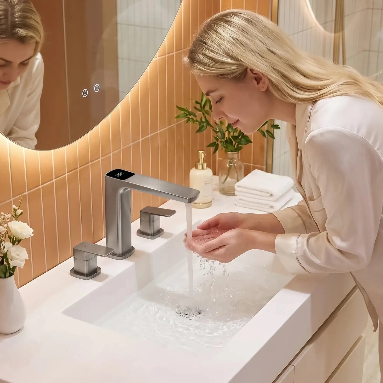 Recertified-Lefton Widespread Bathroom Faucet with Temperature Display-BFWS2402 -Bathroom Faucets- Lefton Home