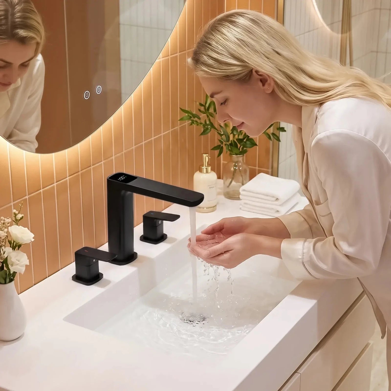 Recertified-Lefton Widespread Bathroom Faucet with Temperature Display-BFWS2402 -Bathroom Faucets- Lefton Home