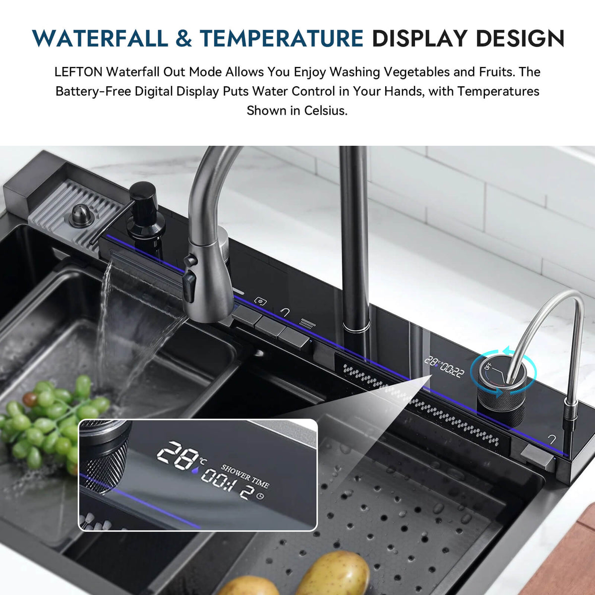 Recertified - Two Waterfall Faucets Kitchen Sink with Digital Temperature Display & LED Lighting - KS2206 - EU - Kitchen Sinks - Lefton Home