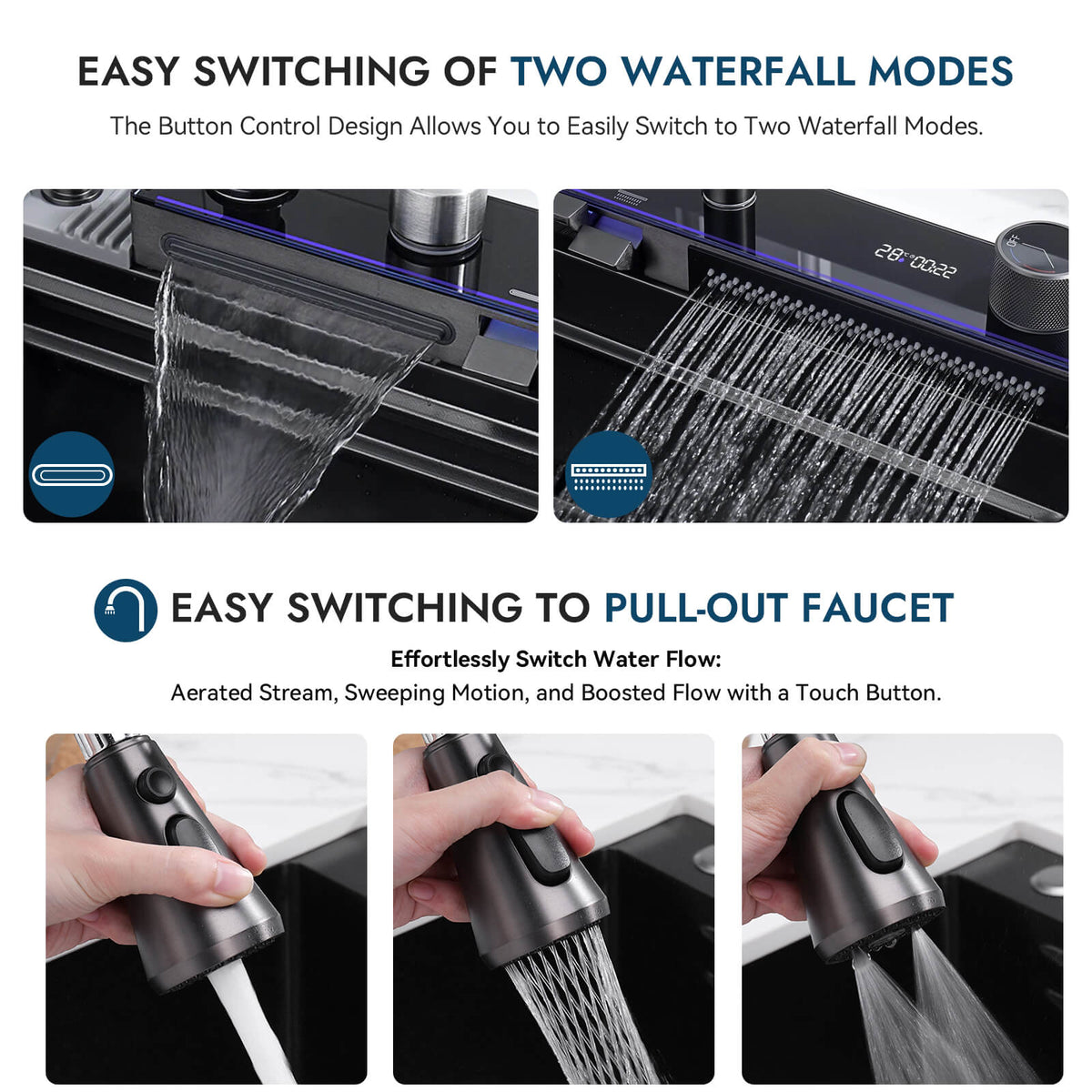 Recertified - Two Waterfall Faucets Kitchen Sink with Digital Temperature Display & LED Lighting - KS2206 - EU - Kitchen Sinks - Lefton Home