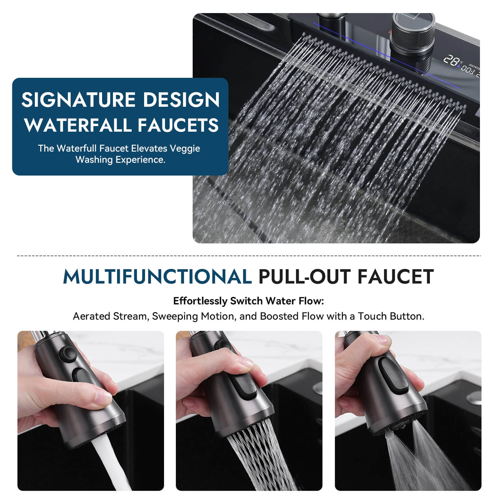 Recertified - Waterfall Workstation Kitchen Sink Set Digital Temperature Display & LED Lighting - KS2205 - AU - Kitchen Sinks - Lefton Home
