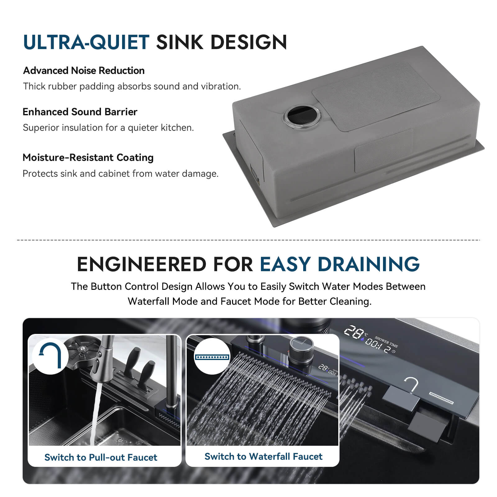 Recertified - Waterfall Workstation Kitchen Sink Set Digital Temperature Display & LED Lighting - KS2205 - AU - Kitchen Sinks - Lefton Home
