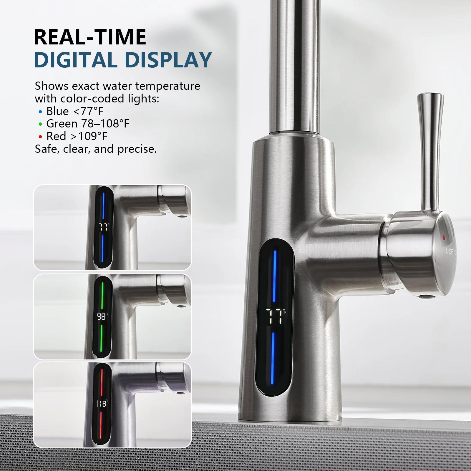 Lefton Modern Pull - Down Kitchen Faucet with Temperature Display - KF2501 - Kitchen Faucets - Lefton Home