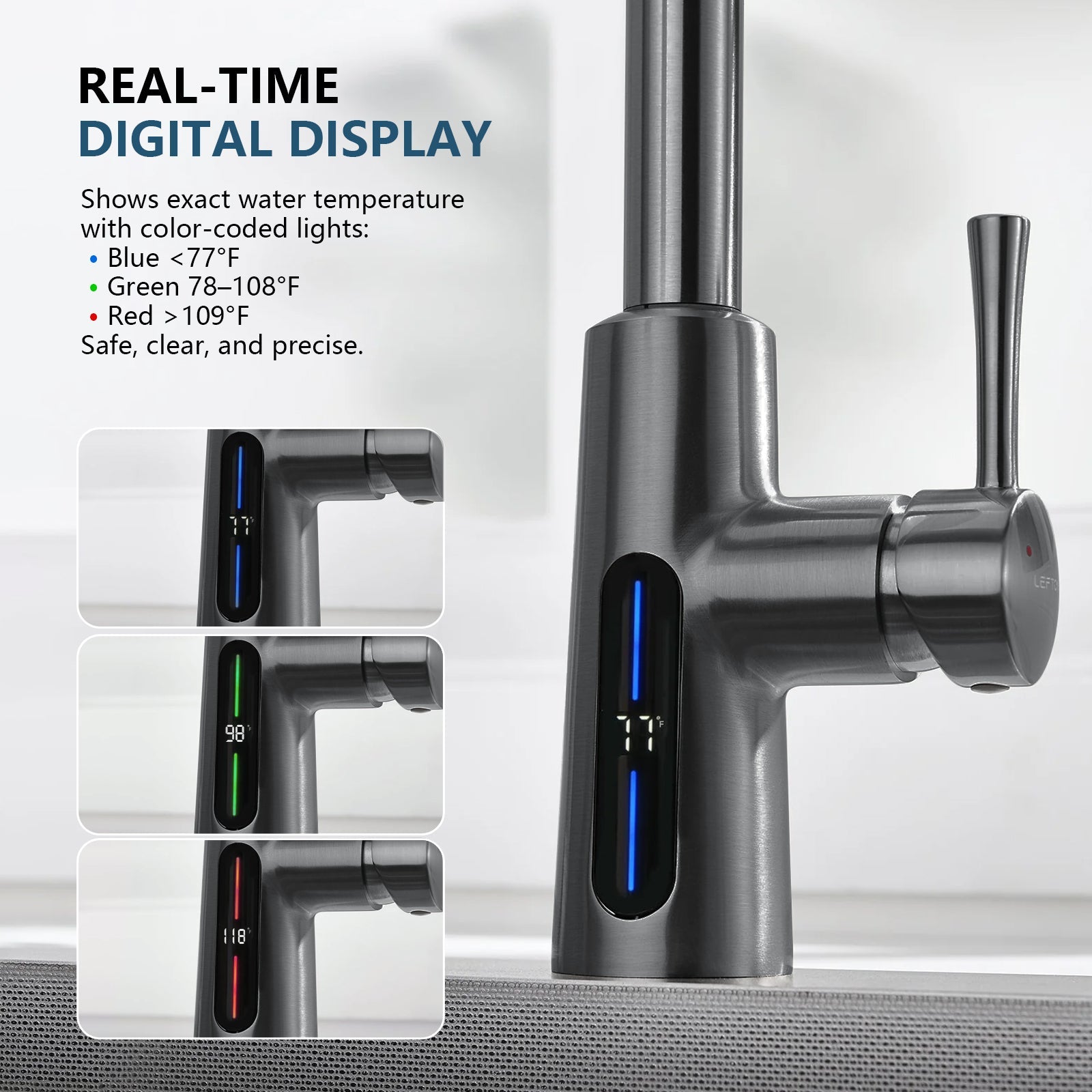 Lefton Modern Pull - Down Kitchen Faucet with Temperature Display - KF2501 - Kitchen Faucets - Lefton Home
