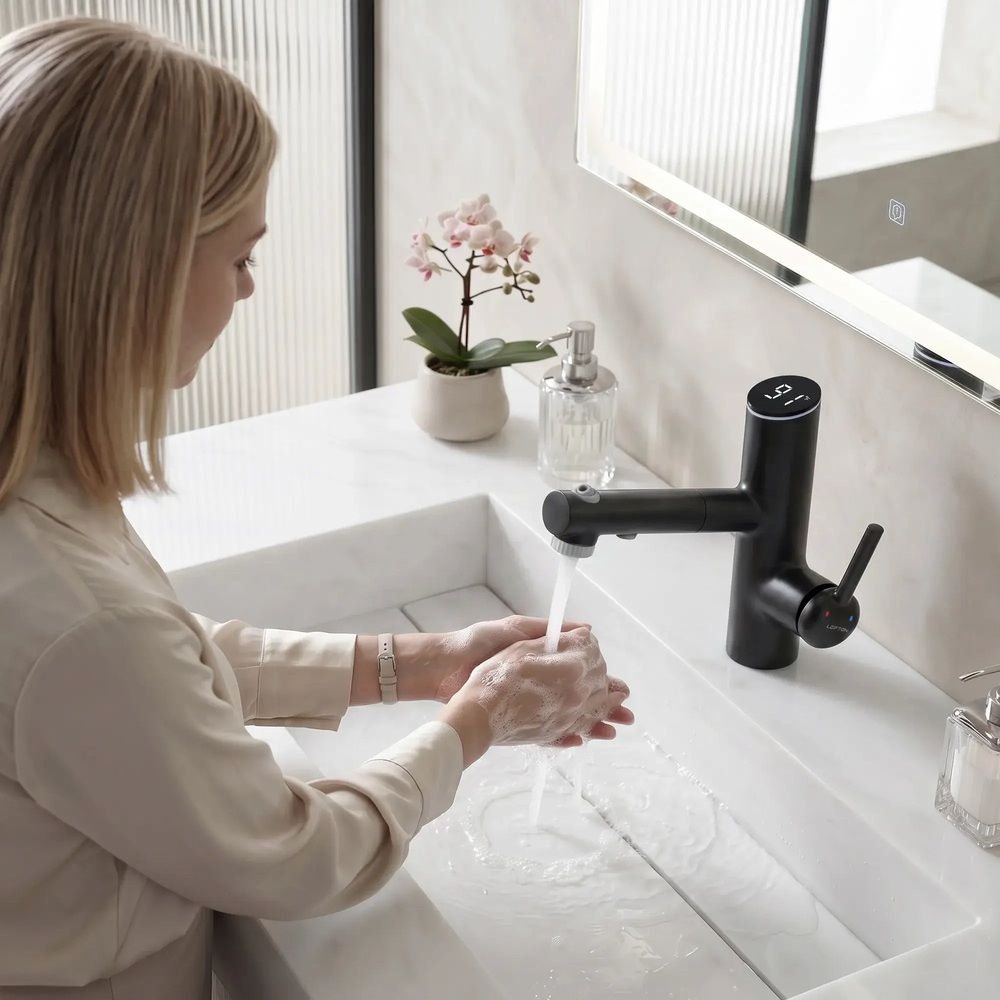 Lefton-Single-Handle Bathroom Fountain Faucet With Temperature Display-Bathroom Faucet-Lefton Home