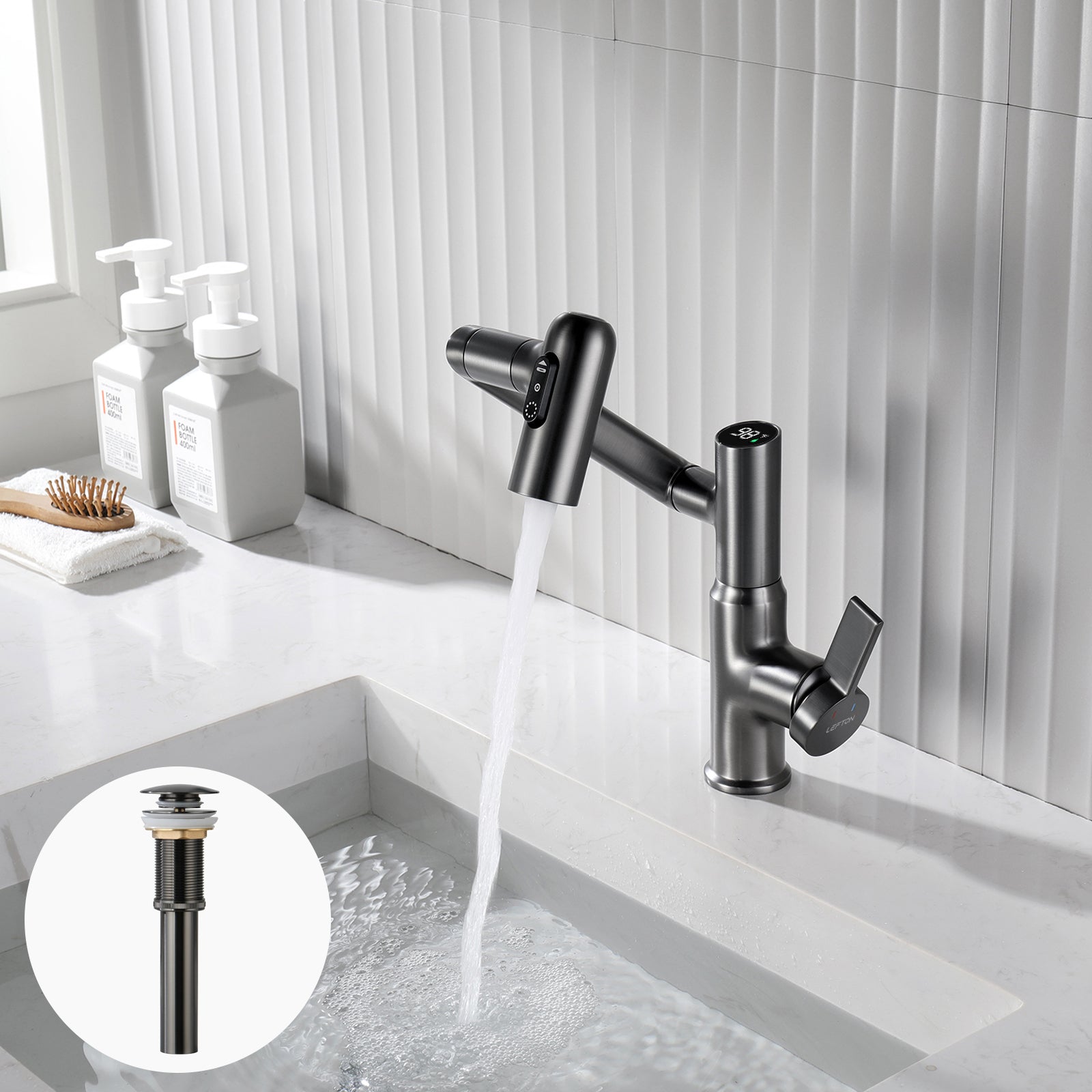 Lefton Single - Hole Rotatable Faucet with Temperature Display - BF2204 with Pop - up Bathroom Sink Drain Stopper Without Overflow - bf2204-d01-2- Bathroom Faucets & Drain Stopper - Lefton Home