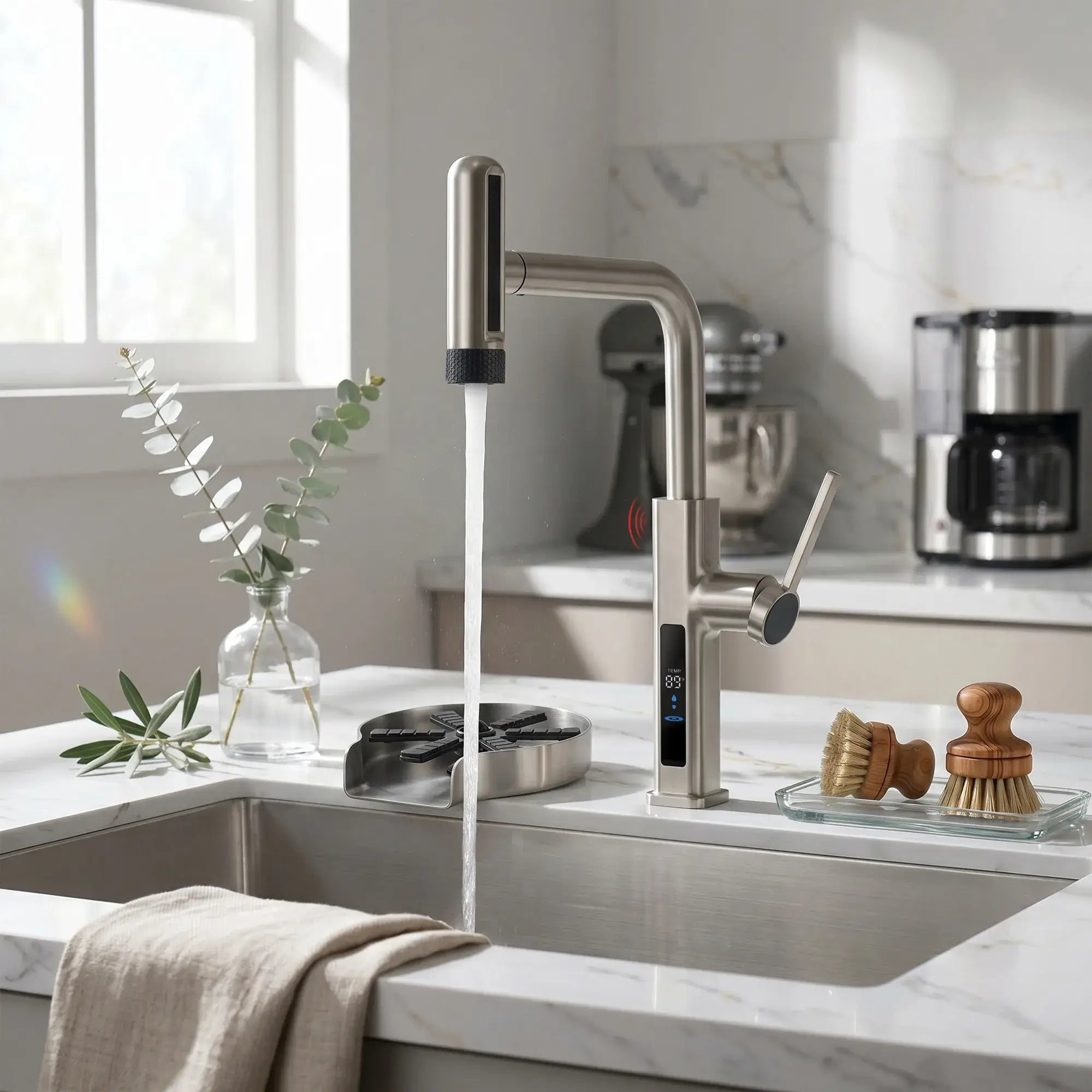 Lefton Touchless Waterfall Kitchen Faucet-KF2209-PRO with Countertop Glass Rinser-KFR2202-Lefton Home