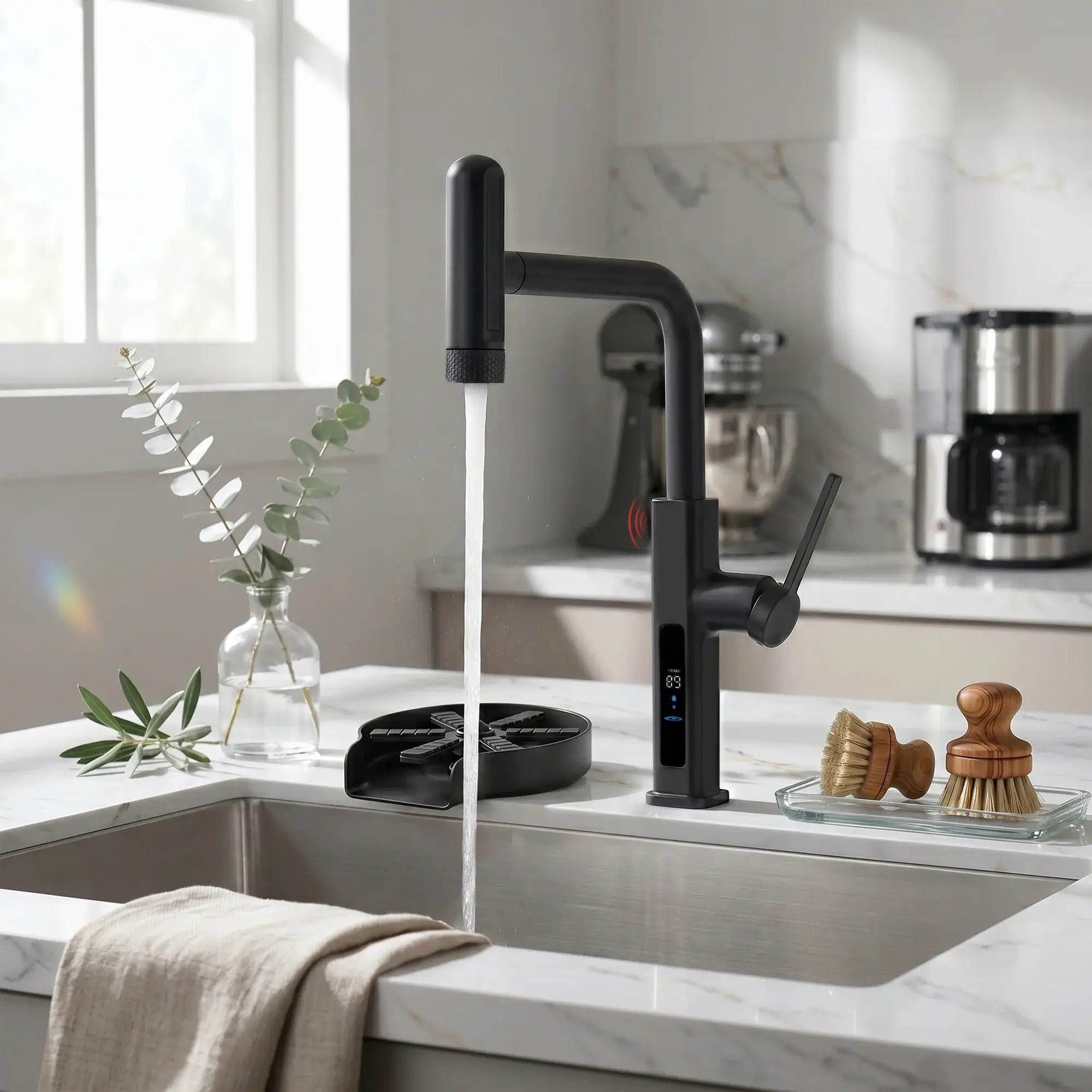 Lefton Touchless Waterfall Kitchen Faucet-KF2209-PRO with Countertop Glass Rinser-KFR2202-Lefton Home