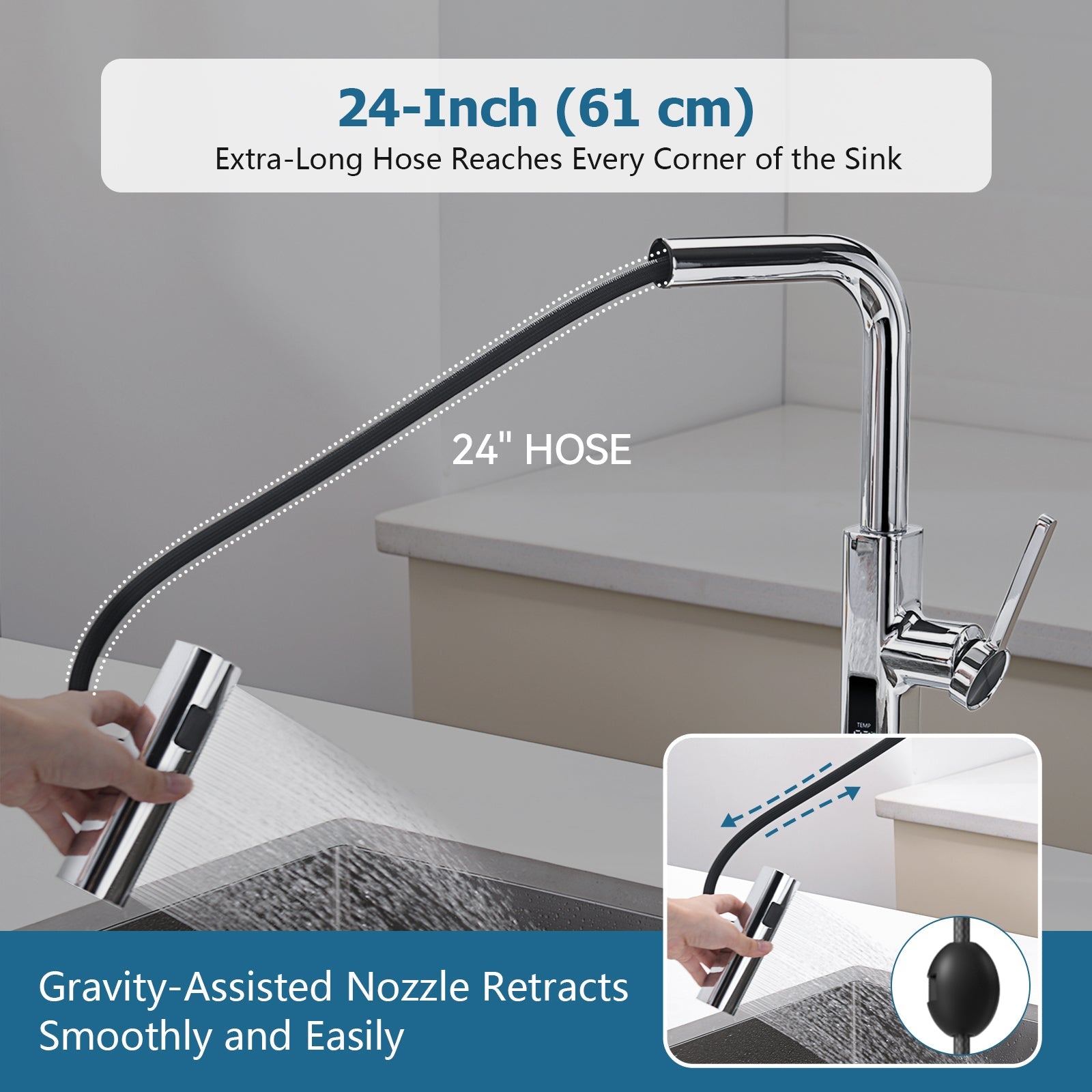 Lefton Waterfall & Pull - Out Kitchen Faucet with Temperature Display - KF2209 - Kitchen Faucets - Lefton Home