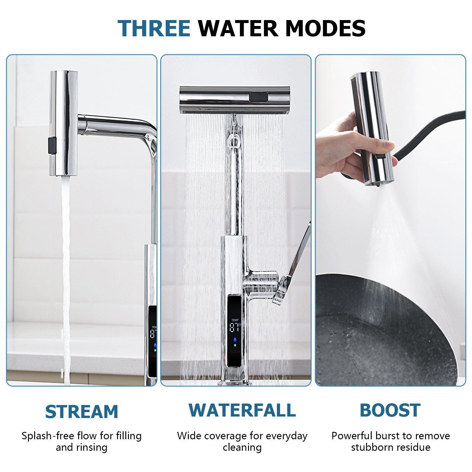 Lefton Waterfall & Pull - Out Kitchen Faucet with Temperature Display - KF2209 - Kitchen Faucets - Lefton Home