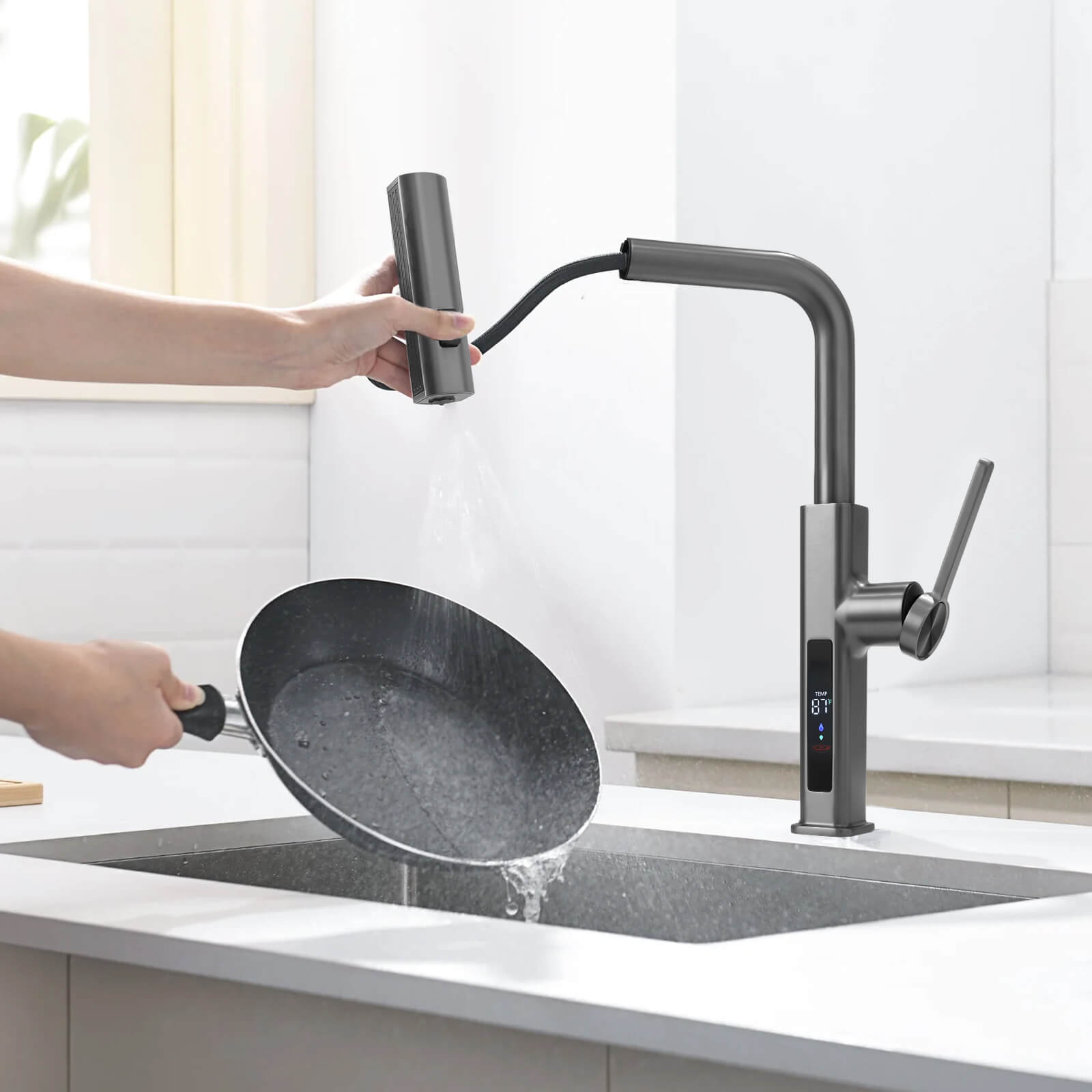 Recertified - Lefton Waterfall & Pull - Out Kitchen Faucet with Temperature Display - KF2209 - US - Kitchen Faucets - Lefton Home